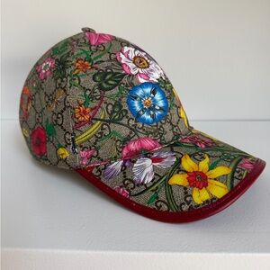 Authentic Gucci Floral GG Canvas Baseball Cap in Red Trim and Multicolor Blooms